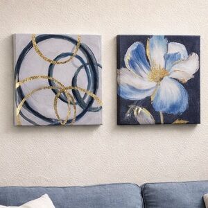 Blue Gold Abstract & Floral Canvas Art Set (2) | 8x8 | Modern Neutral Art.
